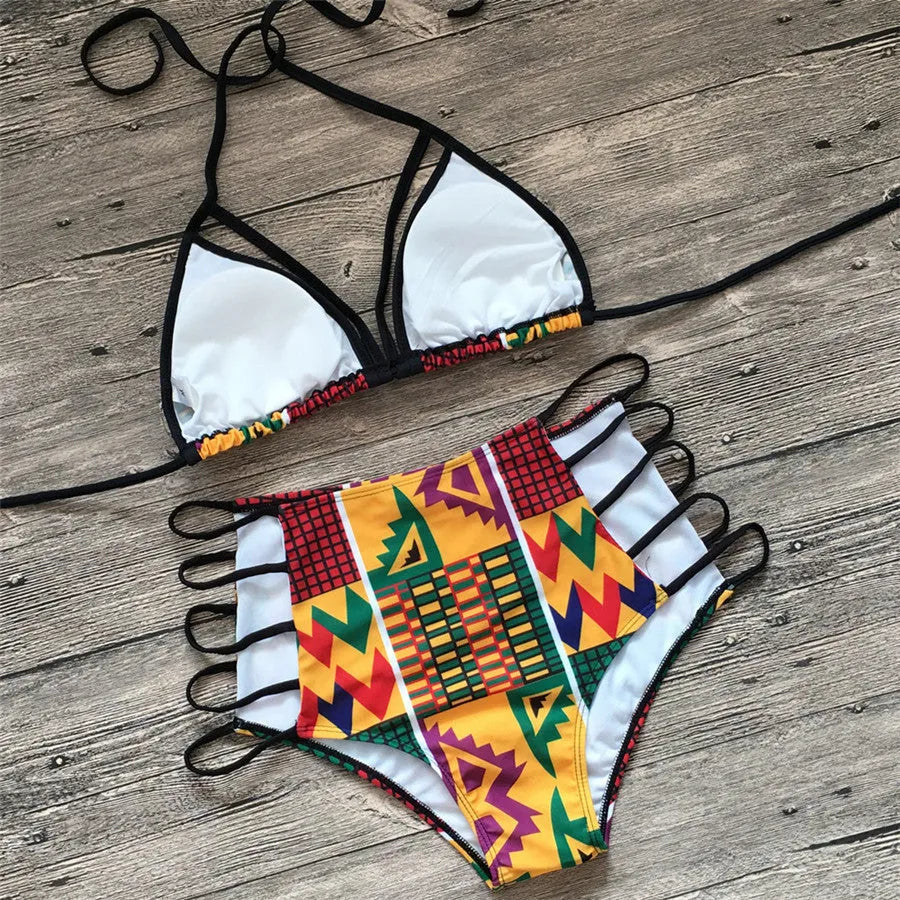 Women's digital print bikini swimsuit with high-waist briefs and backless top