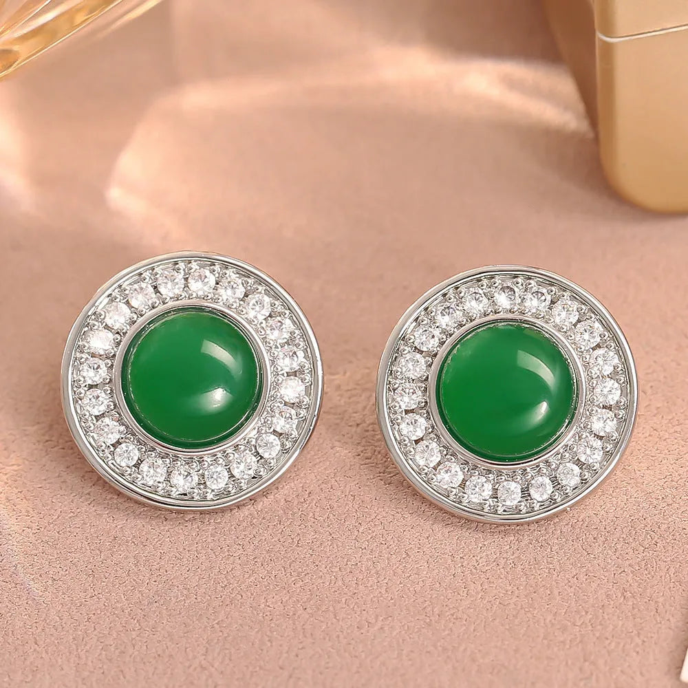 Green emerald zircon ear stud and necklace set with geometric design and real gold plating