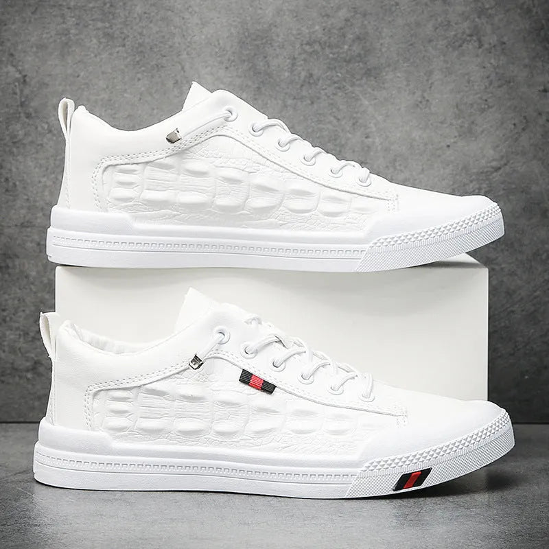 White men's lace-up casual sneakers with round toe and rubber sole