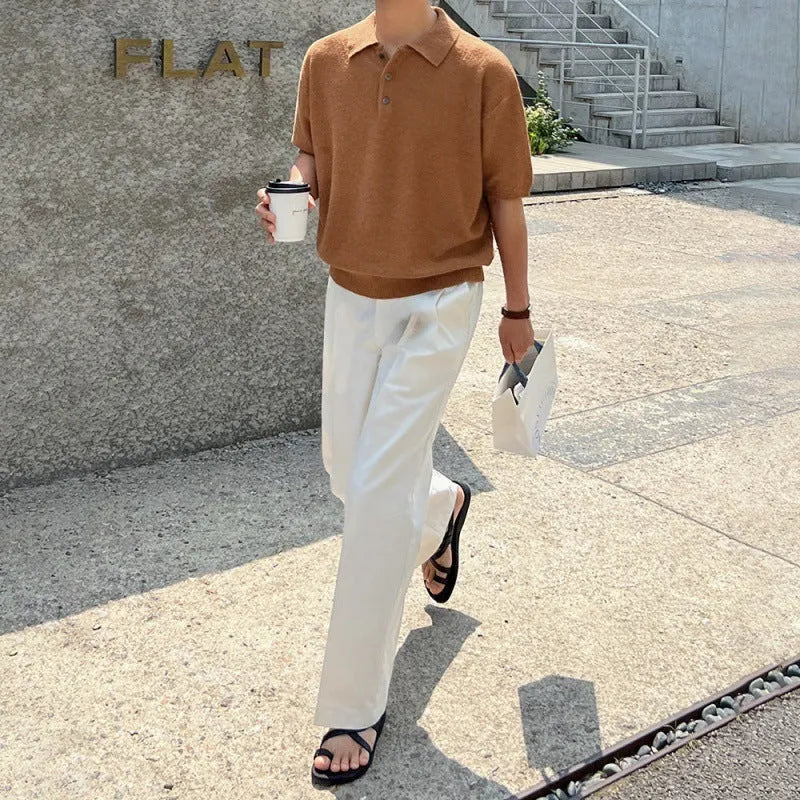 Retro knitted polo shirt for men in caramel colour with asymmetric design detail and short sleeves