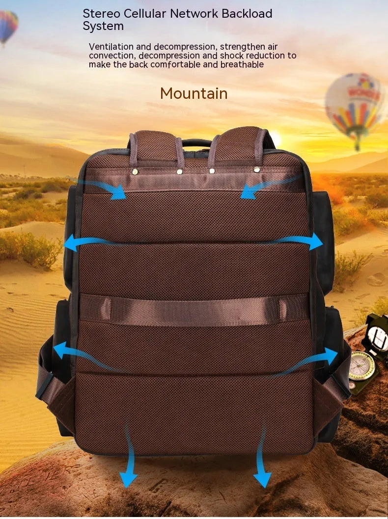 Dark brown genuine leather backpack for men with 17-inch laptop compartment and multiple internal organisers