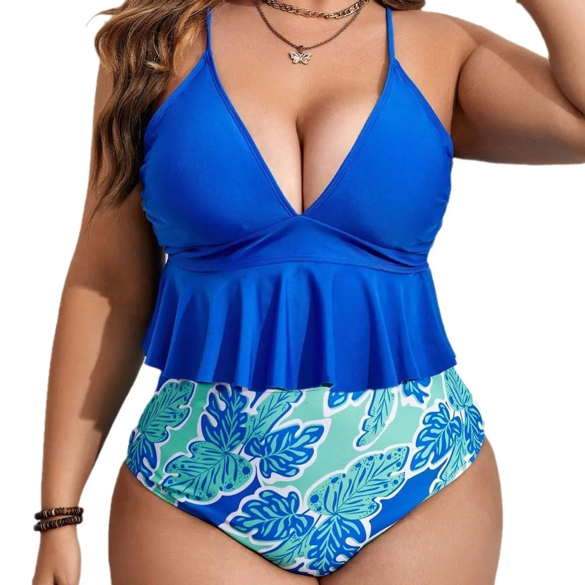 Blue plus size bikini separates with briefs-style shorts for sizes 0XL to 4XL