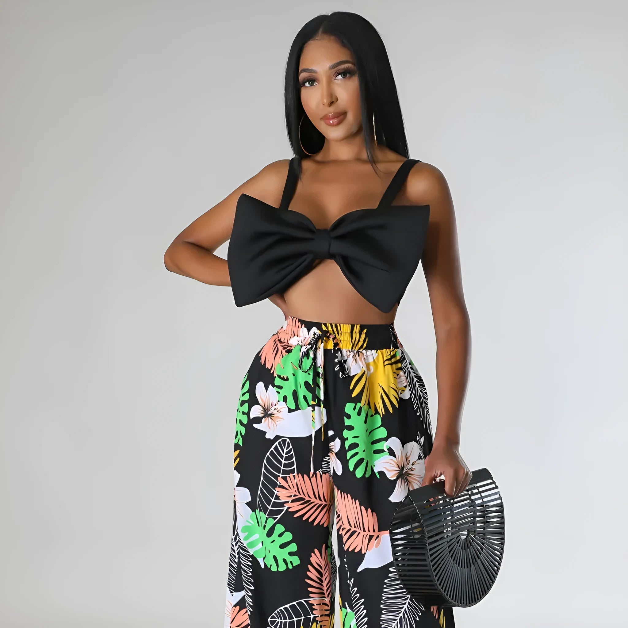 Women's high waist printed wide leg trousers in polyester fiber available in multiple colours
