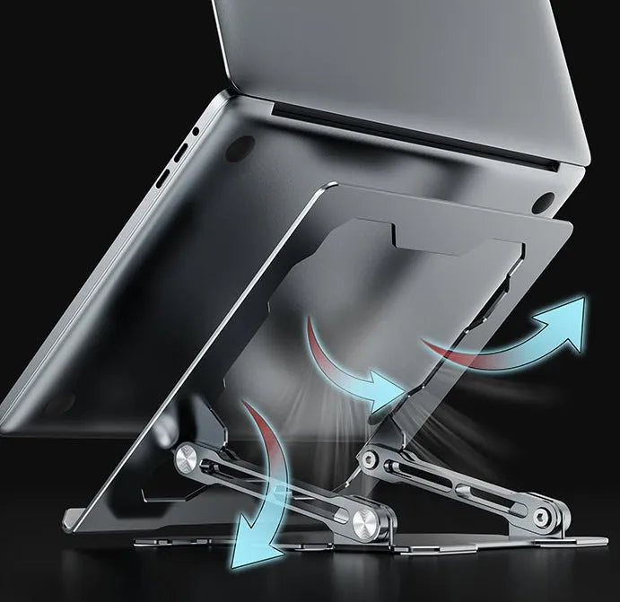Grey adjustable aluminium laptop stand in folded and unfolded positions showing hollow design