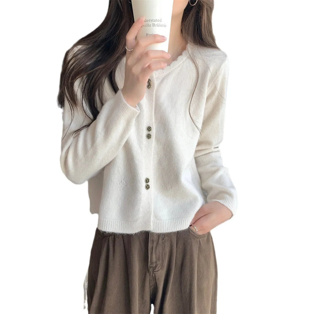 Women's long-sleeved acrylic cardigan sweater in free size showing colour options
