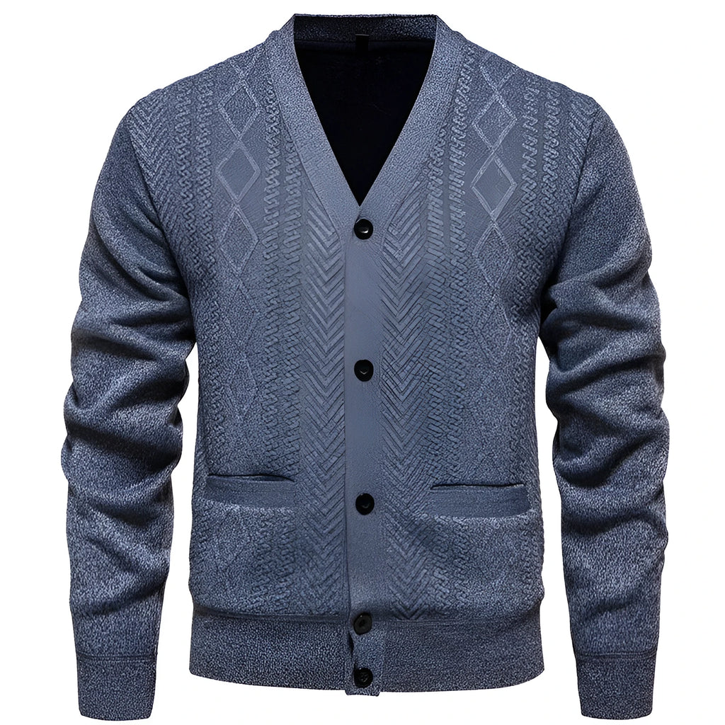 Men's striped cardigan sweater with wool lining in brown colour shown open over a white t-shirt.