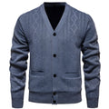 Men's striped cardigan sweater with wool lining in brown colour shown open over a white t-shirt.