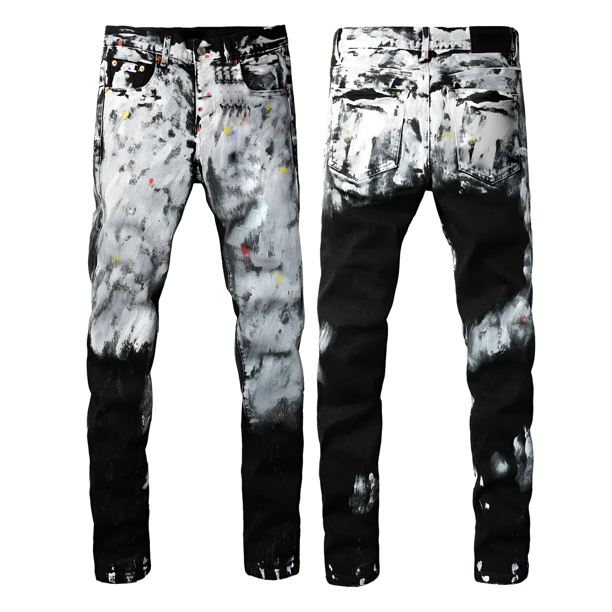 Men's black slim fit skinny jeans with a straight leg and button fly detail.