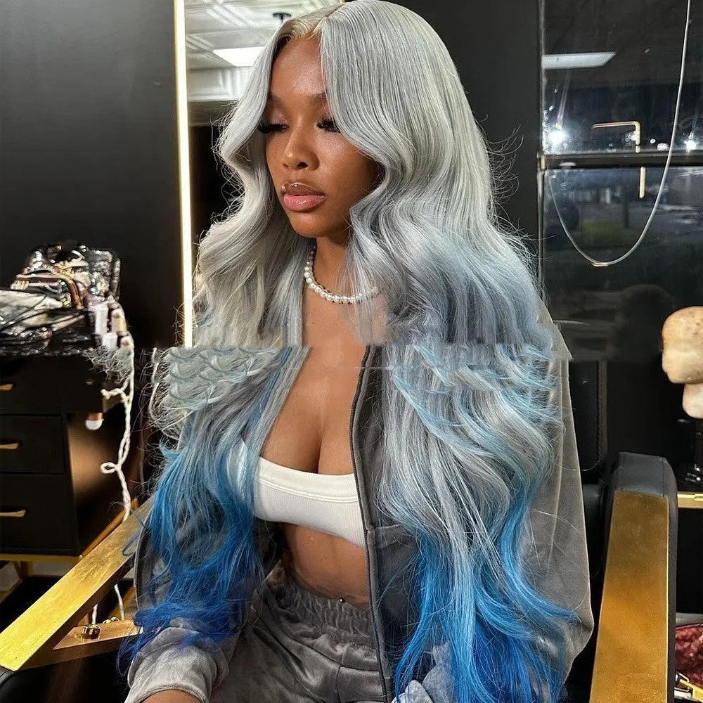 Grey blue gradient human hair lace front wig on a stand, showing long length and natural hairline.