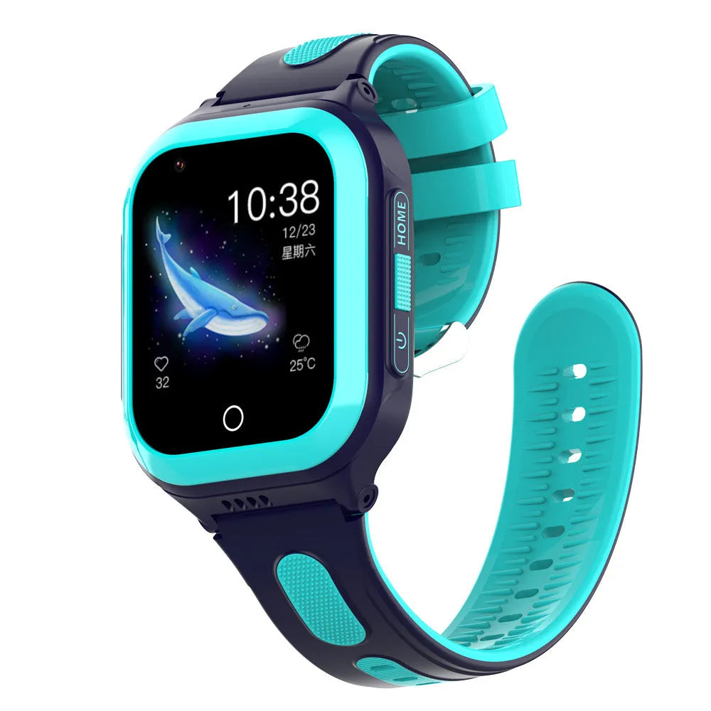 4G children's smart watch with video call, 1.4 inch touch screen, silicone strap, in black, blue, and pink
