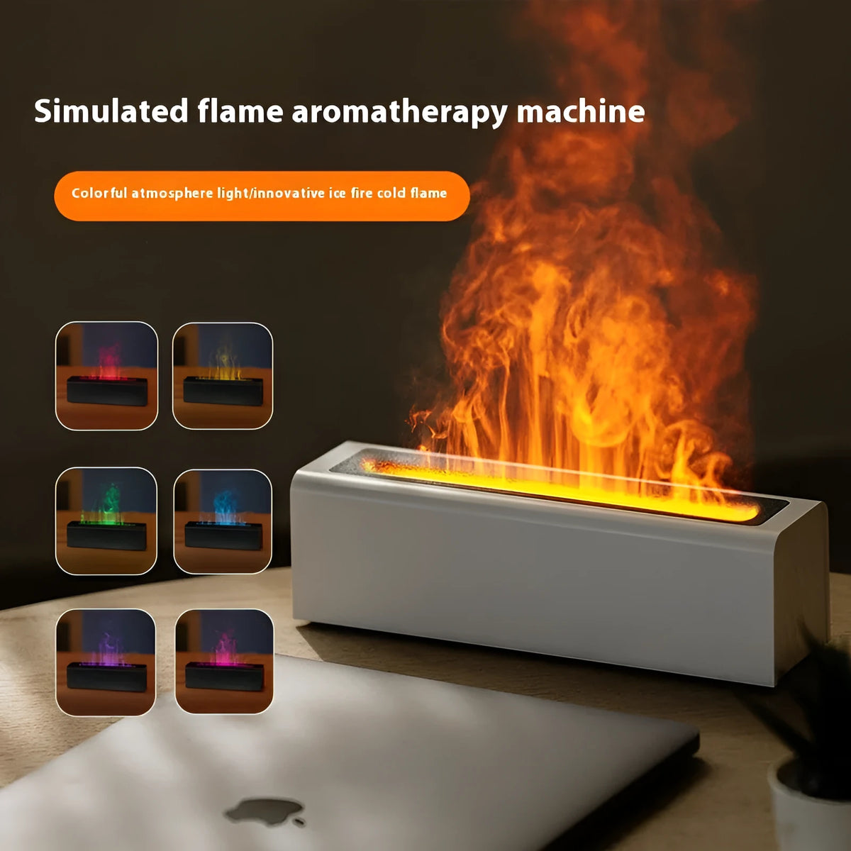 Square black USB aroma diffuser with colourful simulated flame light on a wooden table.