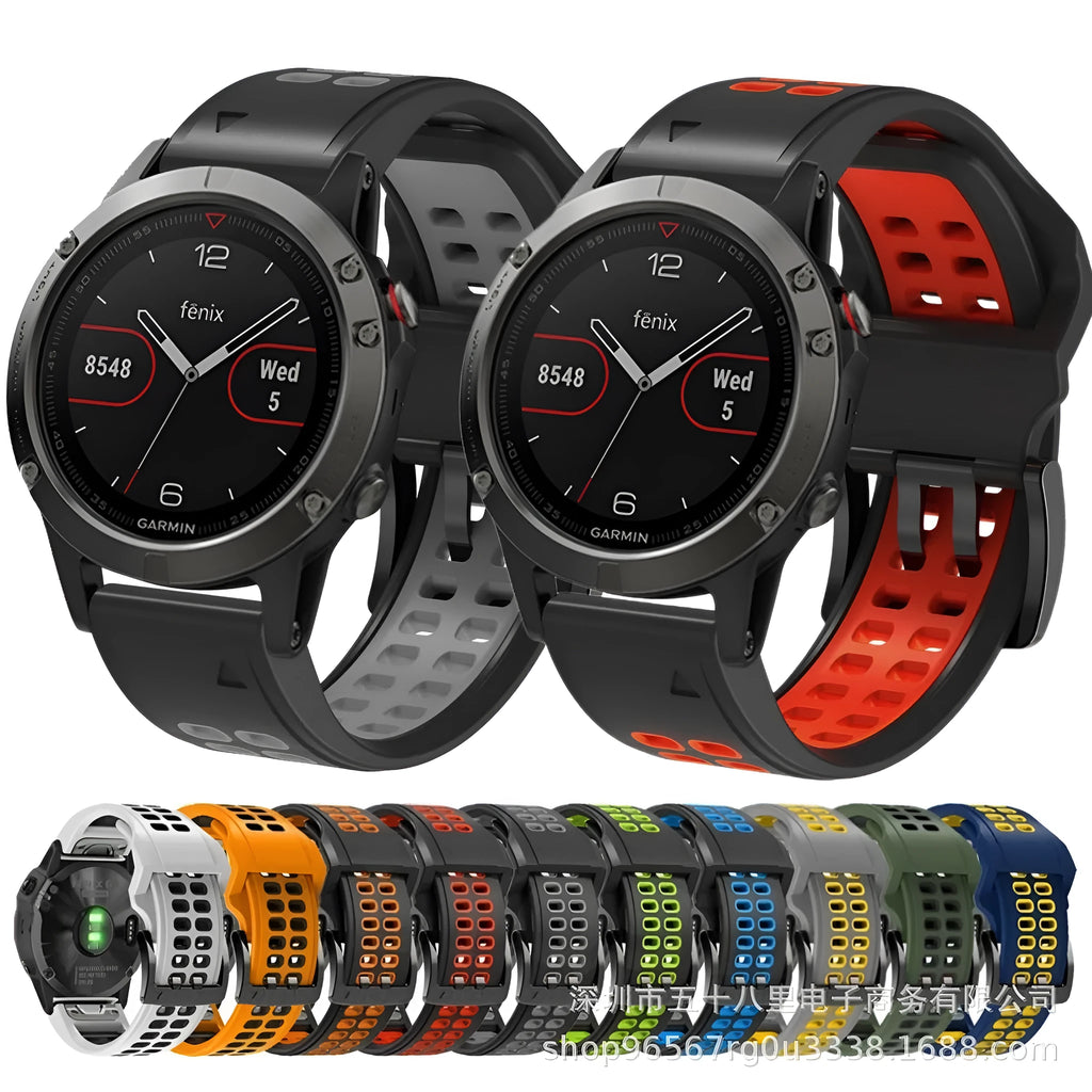 Two-colour quick release silicone watch strap in black and orange with double-row holes and pin buckle