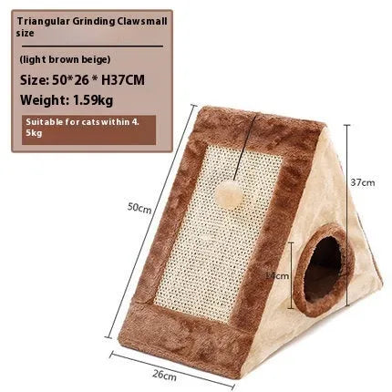 Triangular cat scratching bed with fur cover in gray white or light brown beige color options for pets