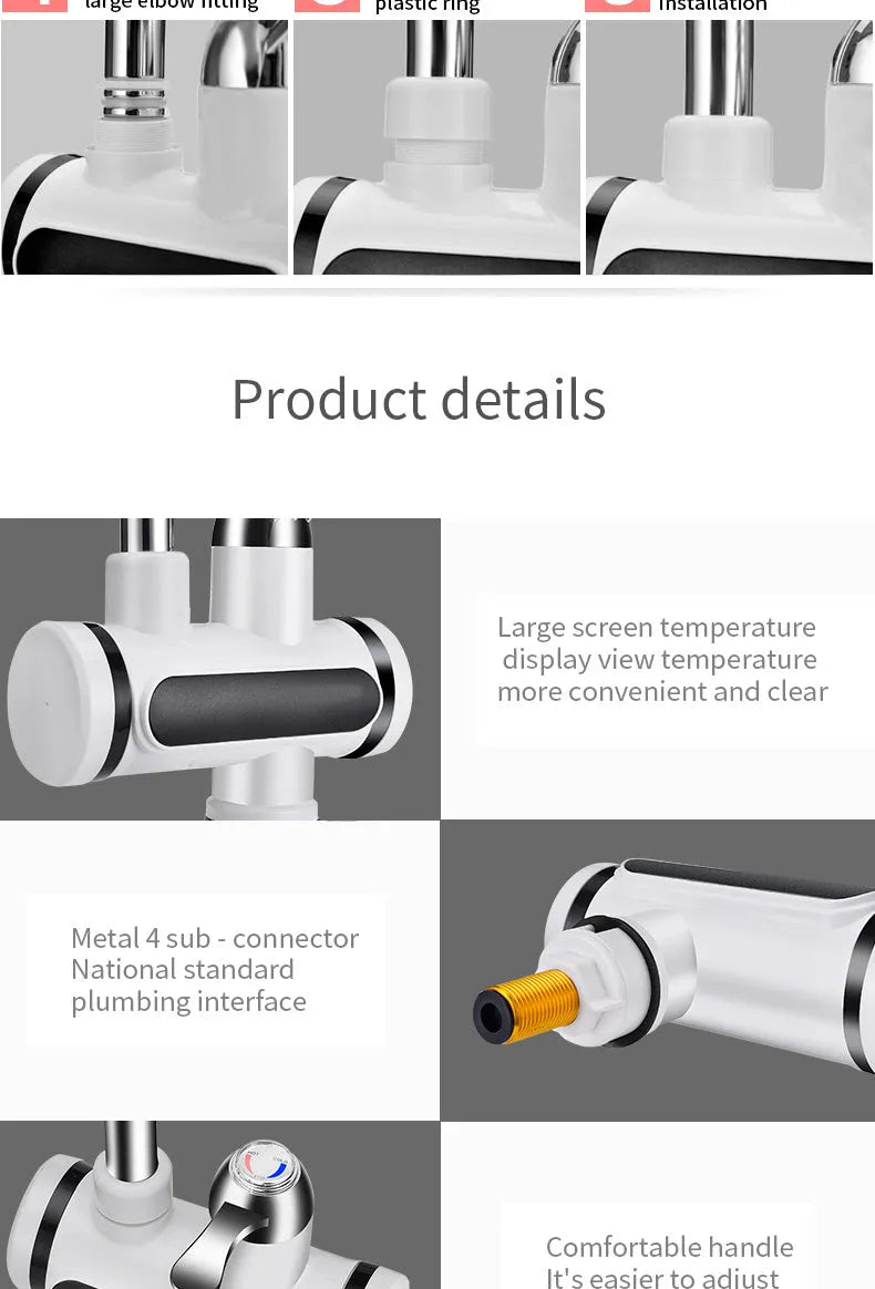 White kitchen electric instant water heater tap with digital temperature display.