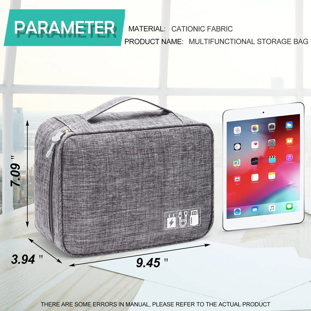 Black waterproof electronics travel cable organizer bag with mesh pockets and top handle