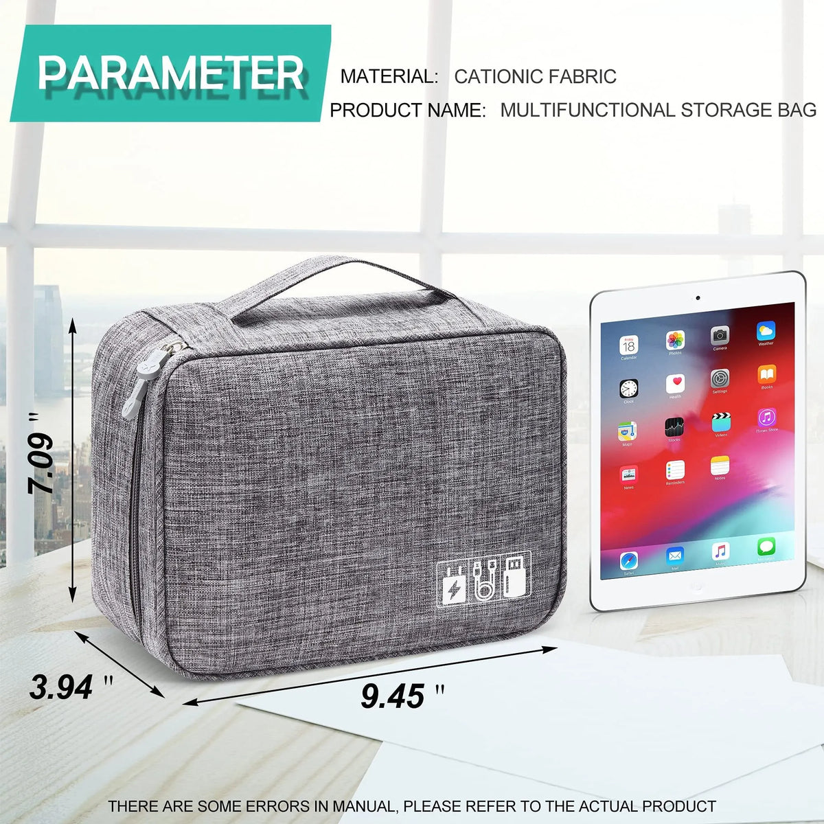 Black waterproof electronics travel cable organizer bag with mesh pockets and top handle