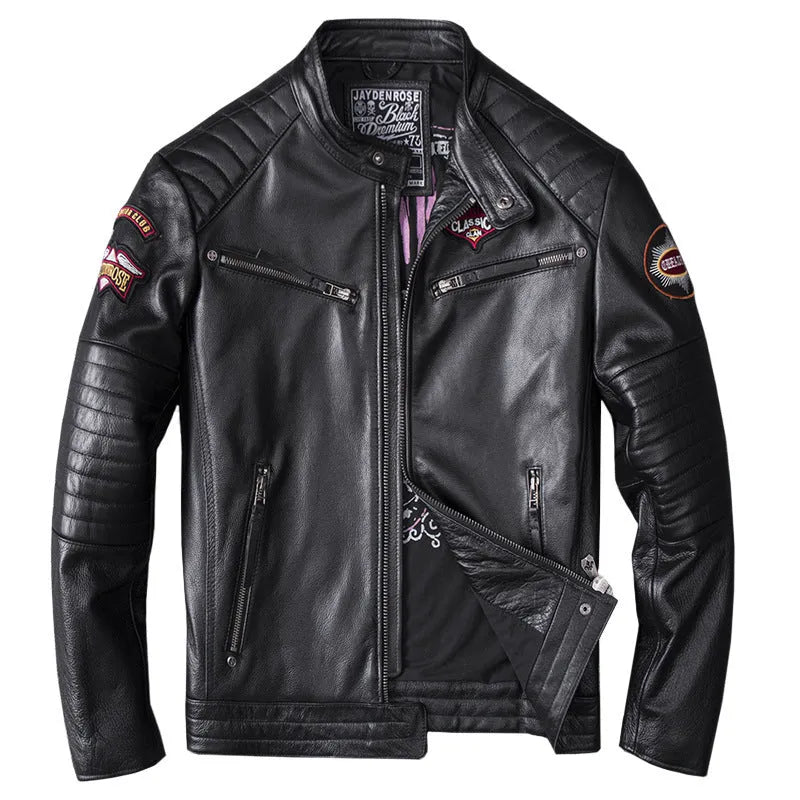 Men's stand collar genuine leather motorcycle jacket with skull pattern in black