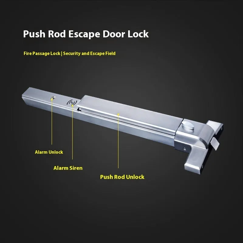 Stainless steel fireproof door push lock with external handle for 65cm wide doors.