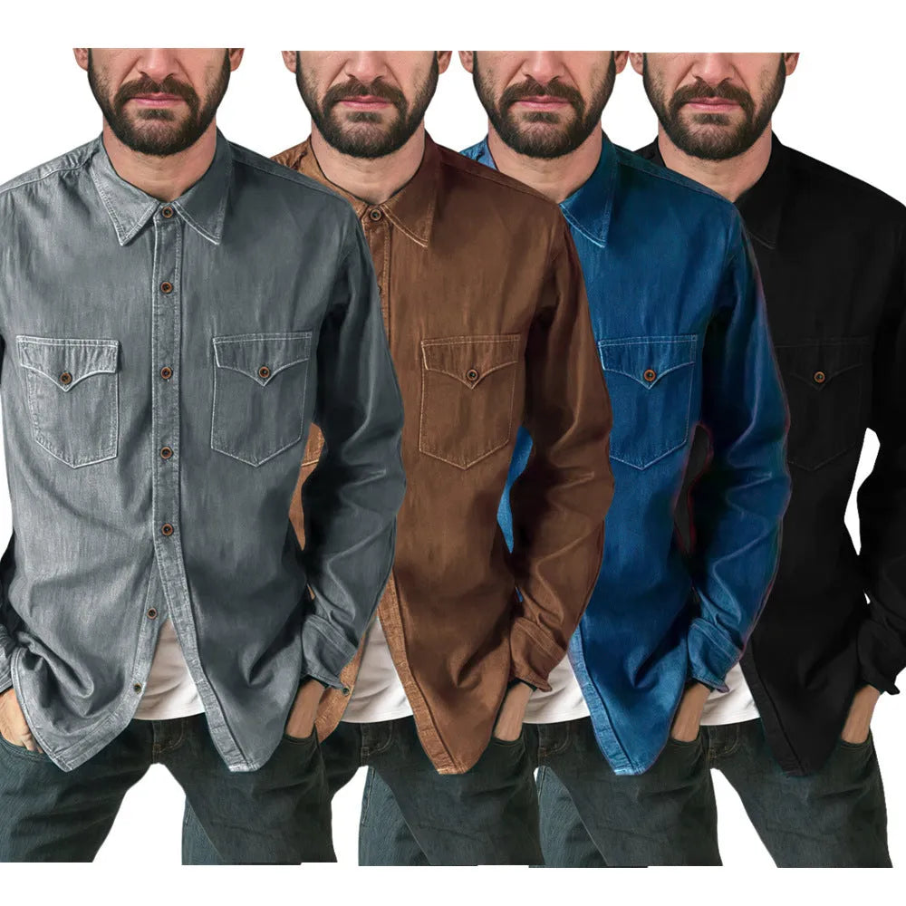 Casual denim cardigan coat in regular fit available in khaki, black, blue and grey colours.