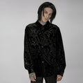 Men's black velvet shirt with Gothic printing, flocking, and fastener decoration on pointed collar long sleeve design