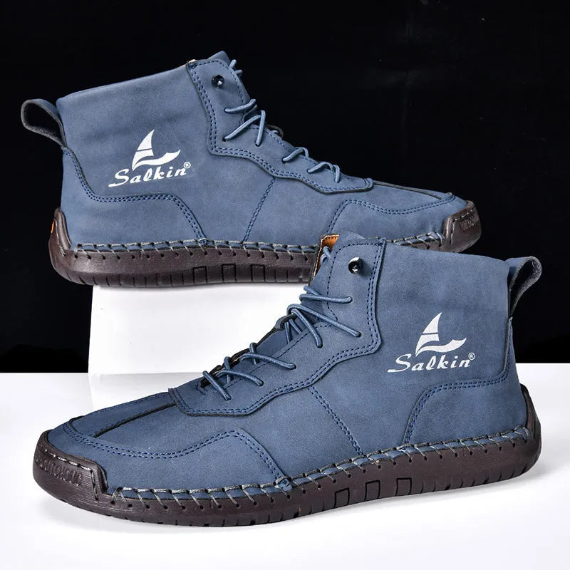 Beige high-top casual boots with elastic band and flat rubber sole