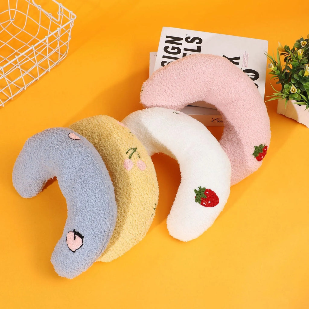 Cartoon pattern U-shaped half moon pet pillow in blue, pink, white or yellow colours