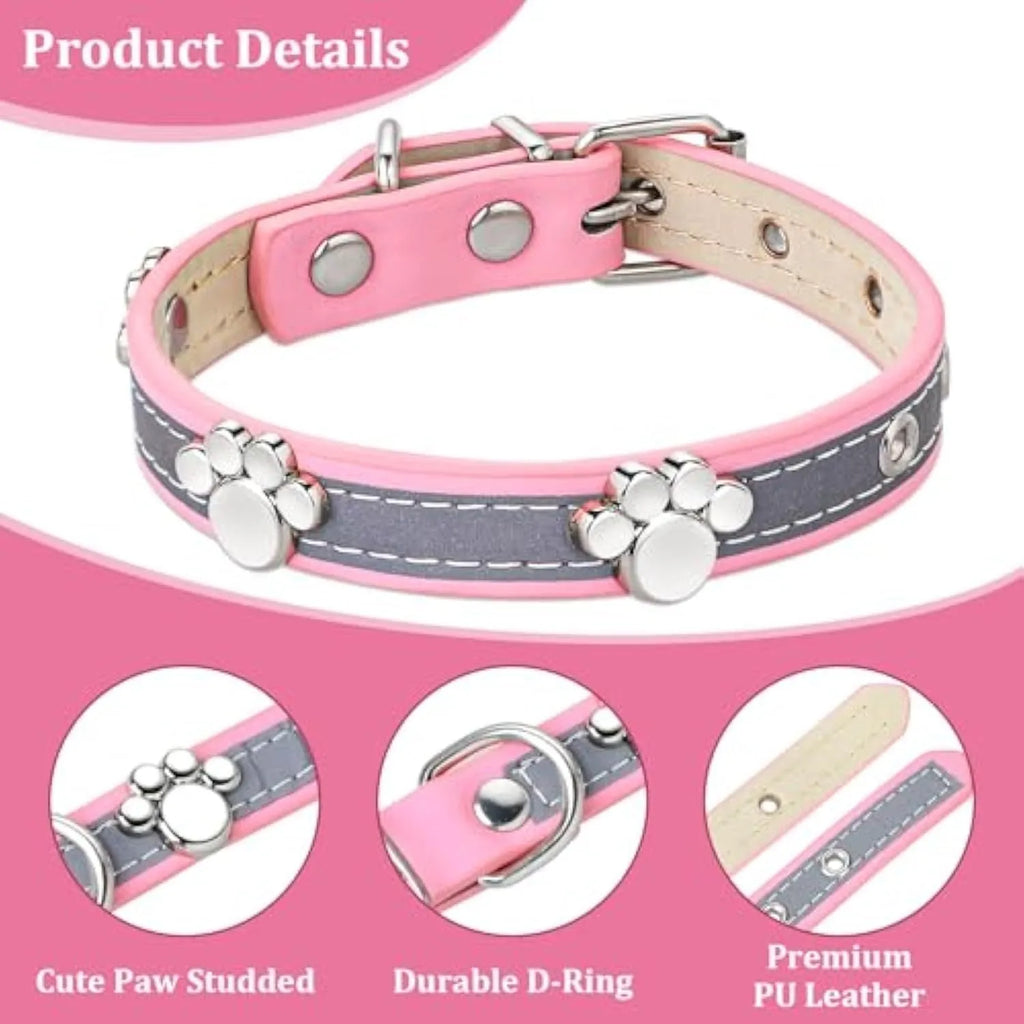 Reflective brown leather dog collar with metal paw print rivets and an adjustable buckle.