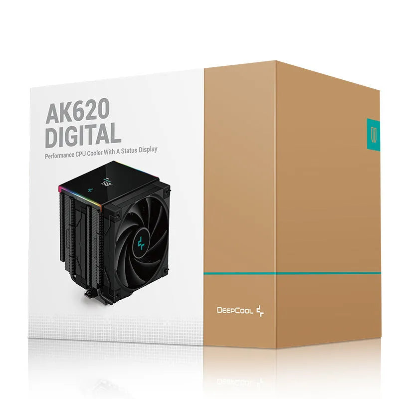 CPU air cooler heat sink with digital temperature display showing 45°C reading
