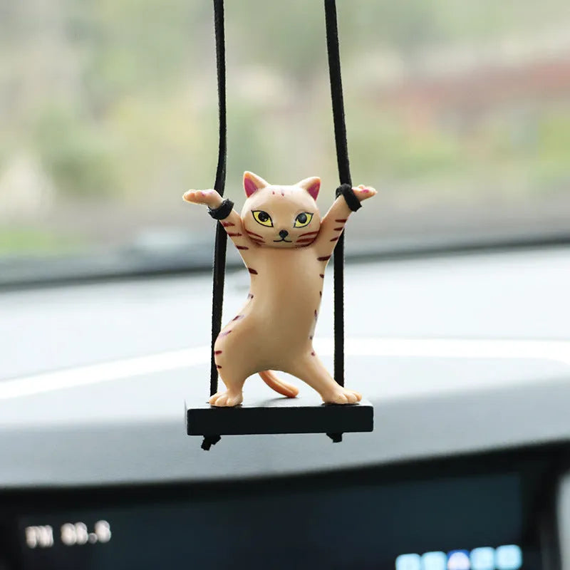 Cartoon-style resin cat pendant for car interior decoration with an adjustable rope, shown in black colour