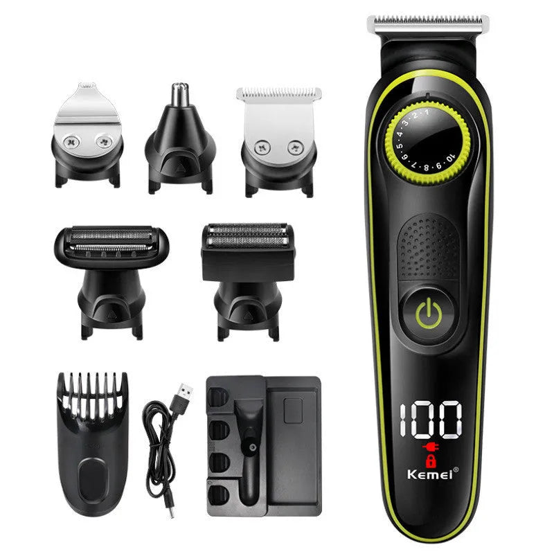 Black KM-696 rechargeable electric hair clipper set with stainless steel blade and cleaning accessories.