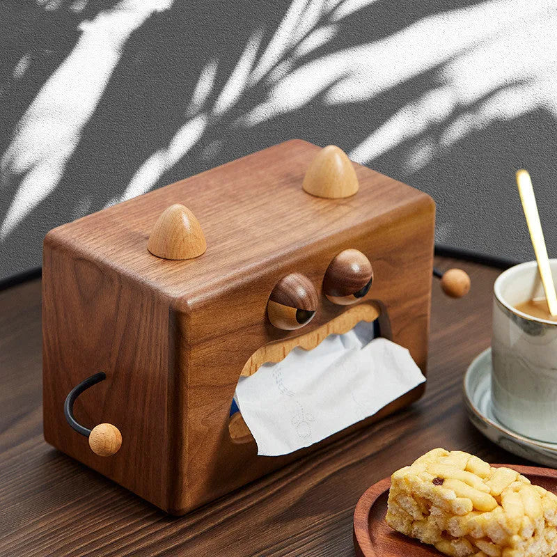 Cartoon little monster wooden tissue box in beech wood measuring 190x104x125mm