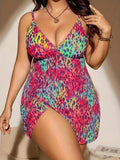 Plus size women's two-piece bikini set with split hem skirt in blue colour