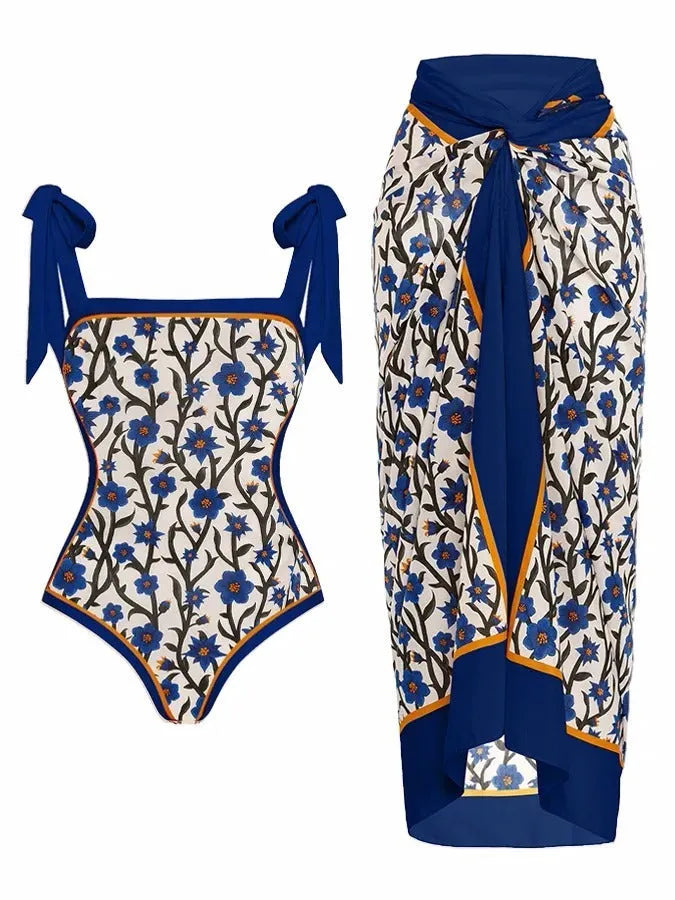 Women's printed floral two-piece chiffon swimsuit with hip skirt for swimming