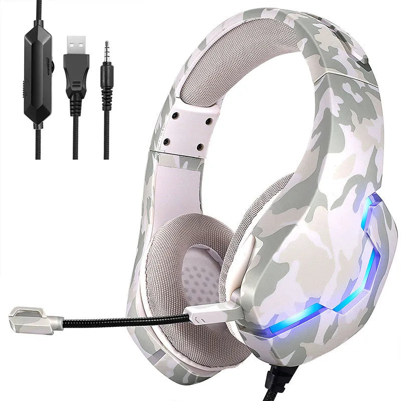 Wired gaming headset in camouflage blue with cloth earmuffs, 40mm speakers, and a braided cable