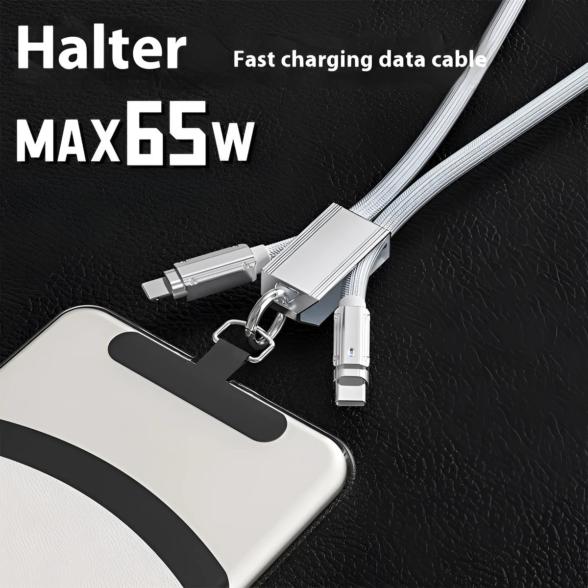 Silver PD65W braided fast charging cable, woven 1-2m lead with Type-C or Type-C Apple connector