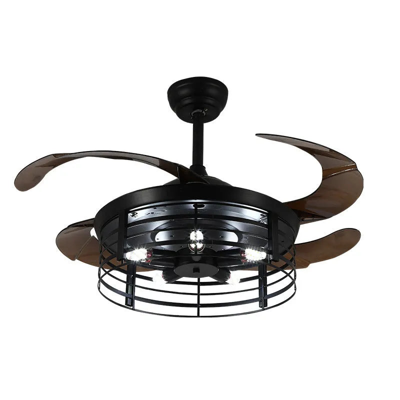 Industrial retro ceiling fan lamp with acrylic blades and integrated light fixture