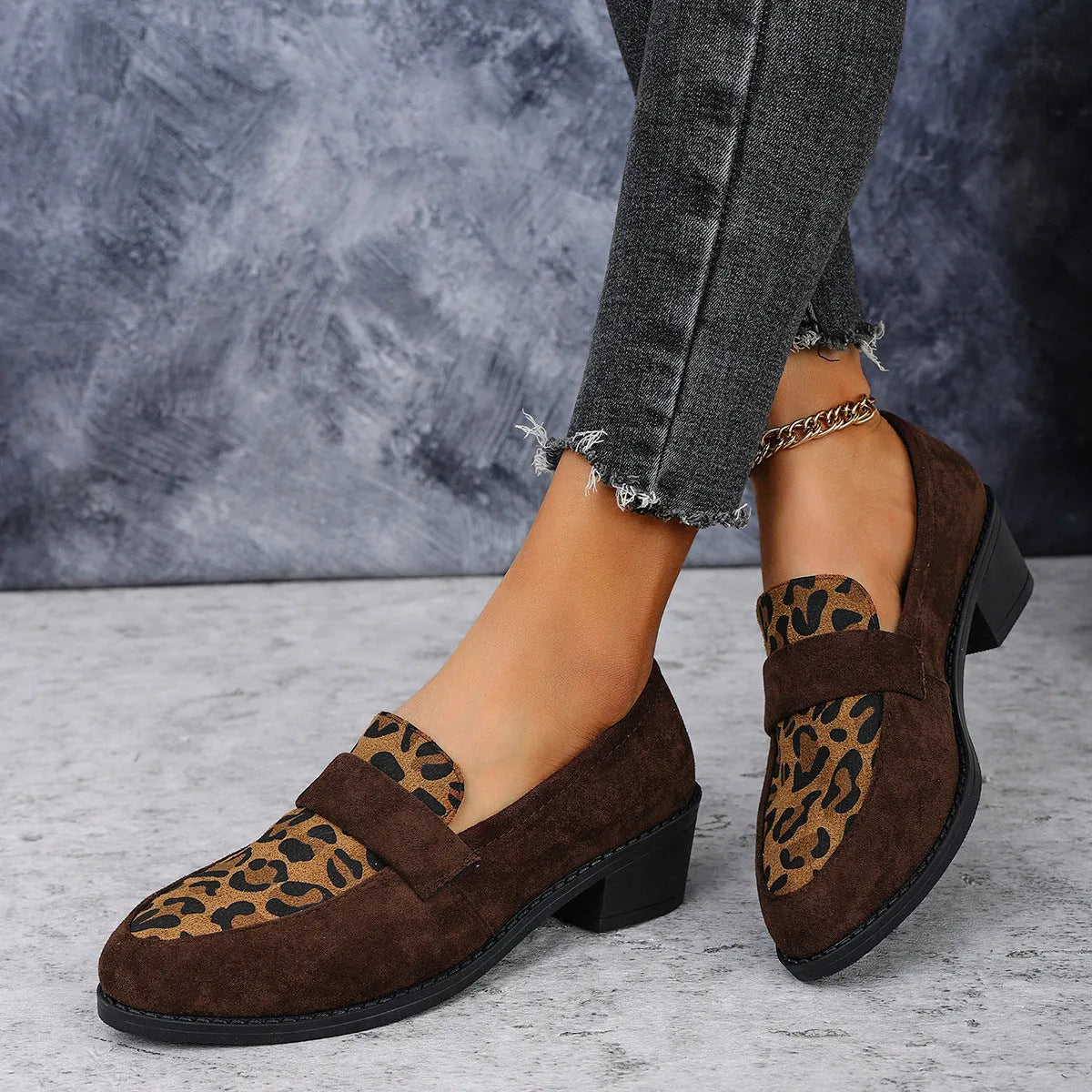 Leopard print slip-on suede pumps with chunky heel and pointed toe in three colour options