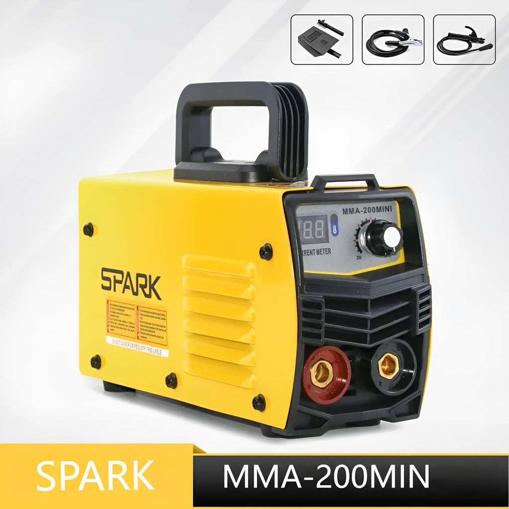 MMA-200MIN 220V DC inverter welding machine with welding tongs, ground clamp, face shield, and brush on hanger.