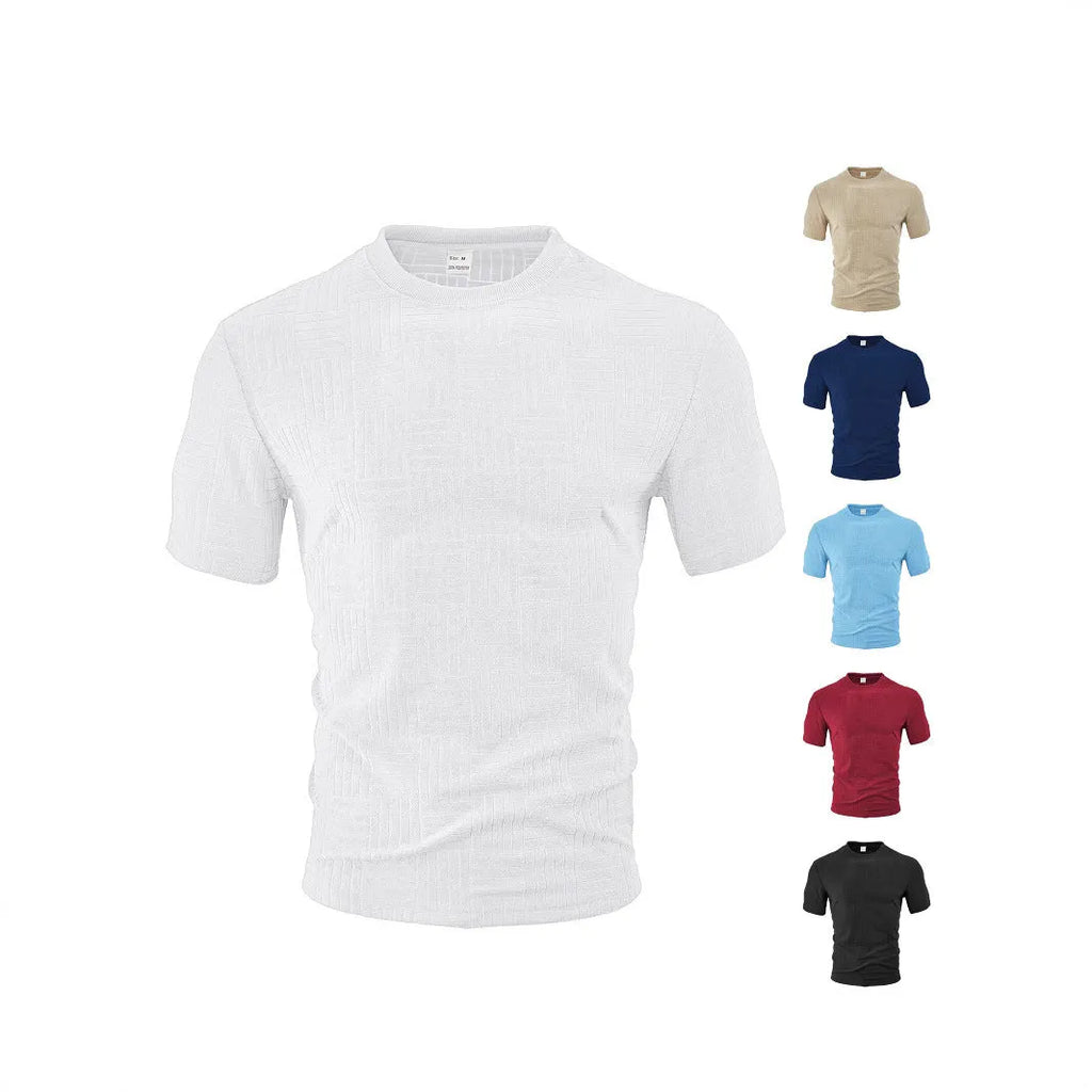 Casual loose breathable round neck towel jacquard short sleeve top in light blue, front view