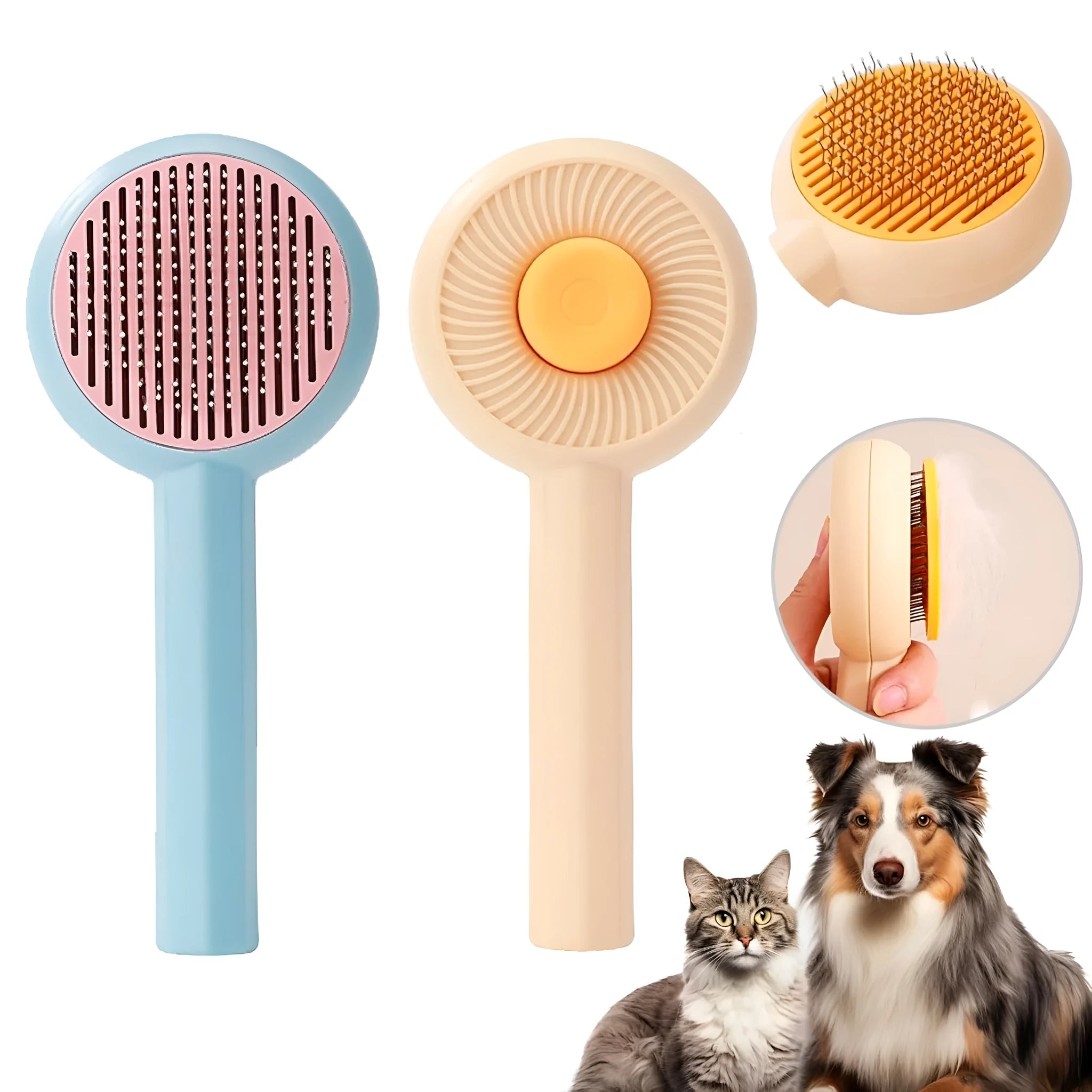 Blue self-cleaning pet grooming brush with angled metal needles and massage particles