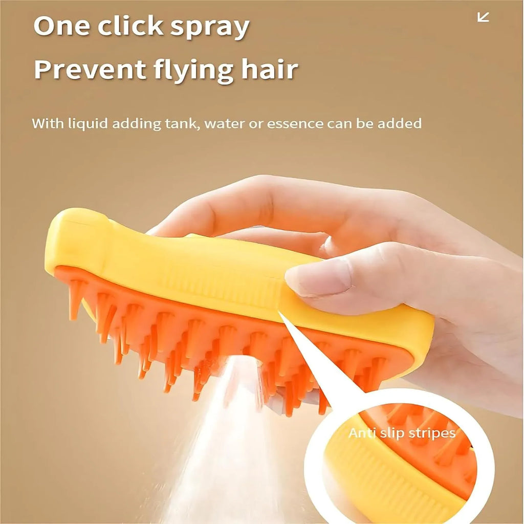 Green rechargeable cat steam brush with silicone teeth showing three grooming functions