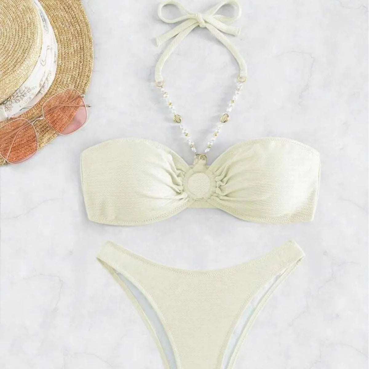 Women's pure colour halter bikini set for swimming sports in polyester fabric