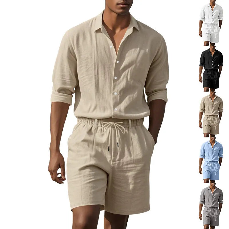 Men's linen blend long sleeve shirt and matching shorts set in light blue colour