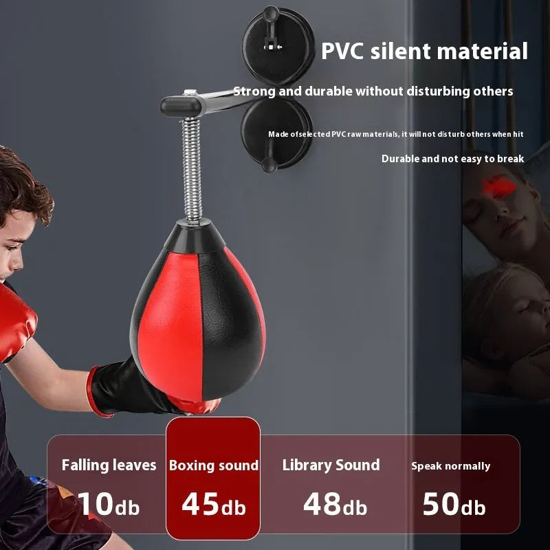 Pear-shaped inflatable boxing training ball with double suction cup mount and red-black colour design