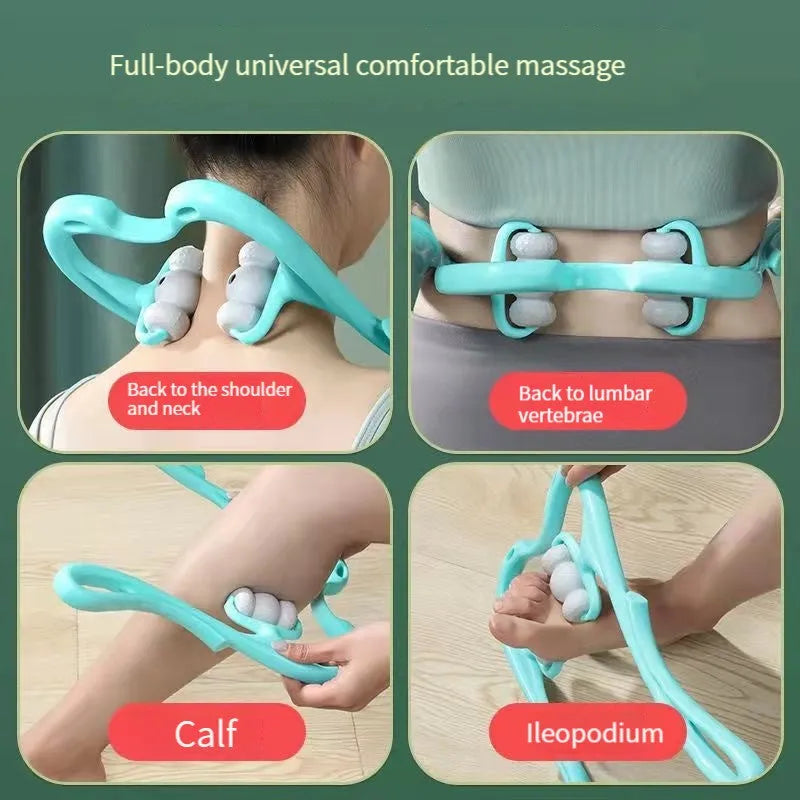 Blue neck massager with 360 degree roller and 96 acupoint nodes for deep tissue pain relief on neck and shoulders