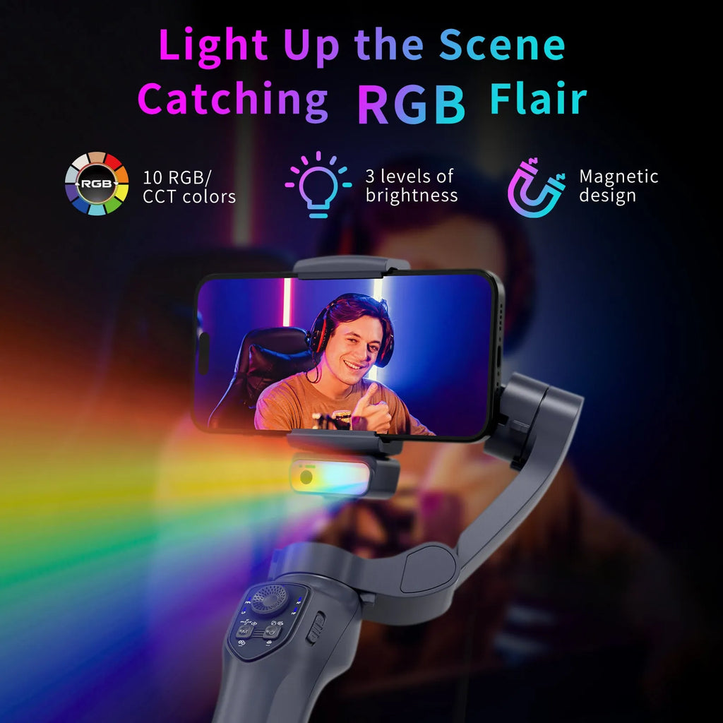 Foldable handheld camera stabilizer in L7Cpro gun colour with USB charging port.