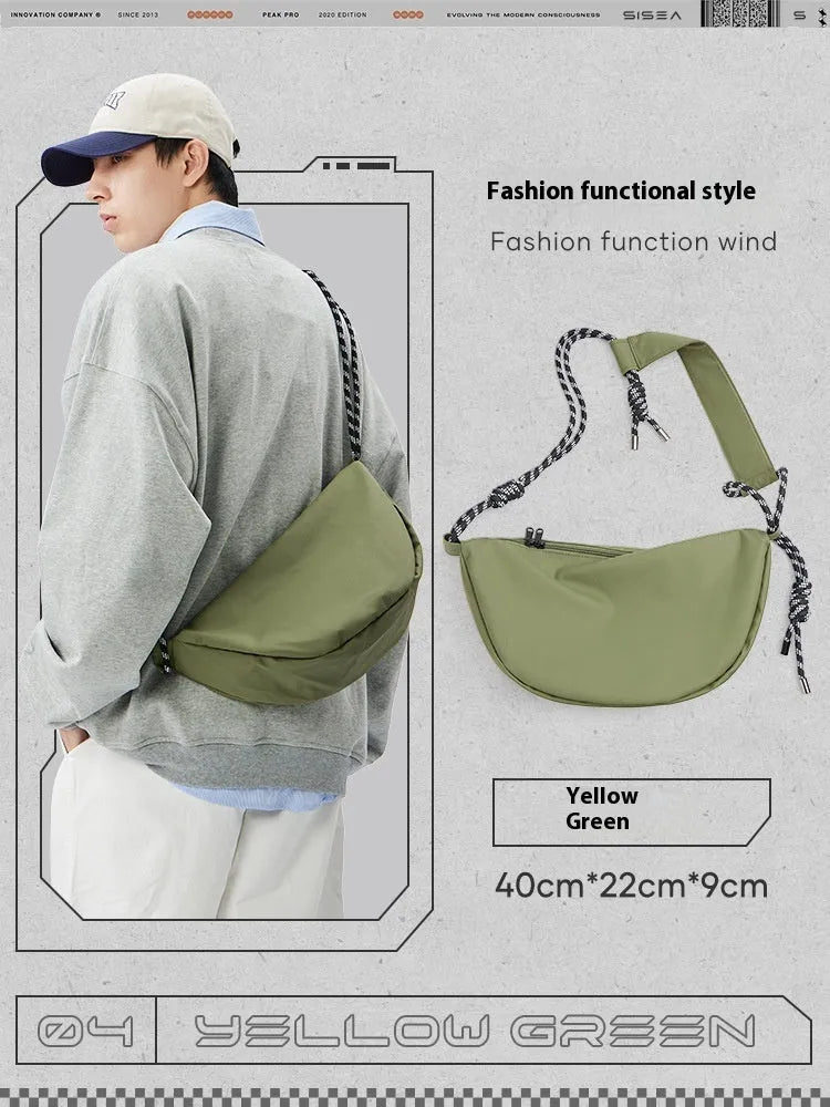 Men's large capacity nylon messenger bag in a solid colour for commuting.