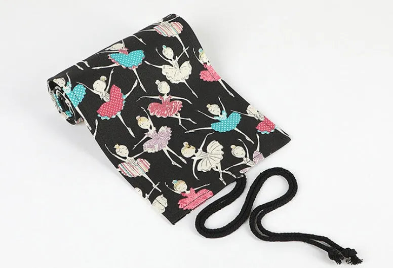 Canvas rolling pencil case with ballet girl print showing multiple pencil storage holes
