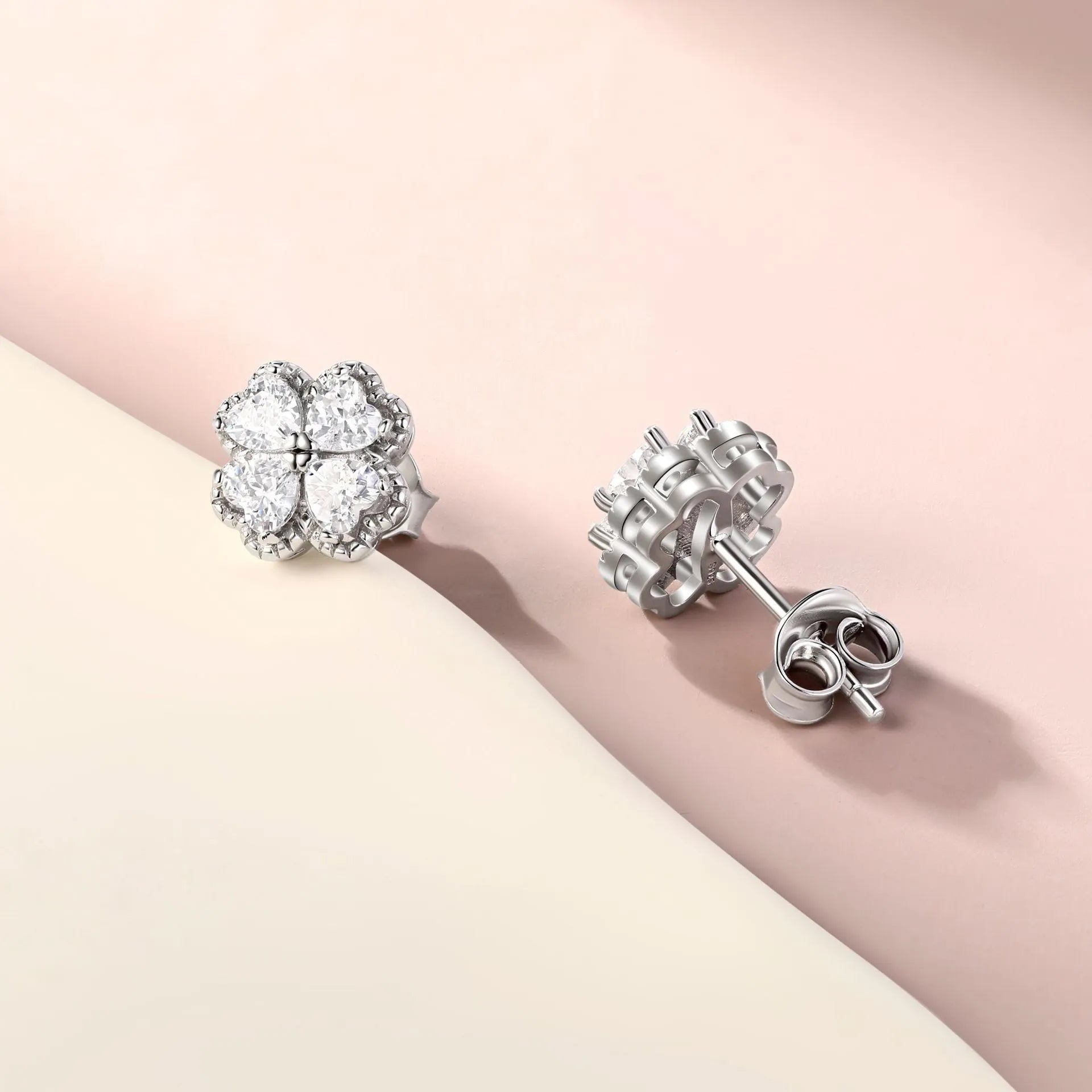 Women's 925 sterling silver heart earrings with four-leaf clover design and white gold colour finish