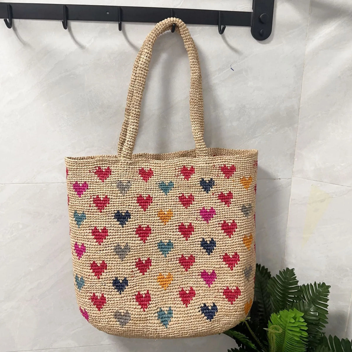 Grass colour raffia woven bucket shoulder bag for women with love embroidery and straw-style weaving